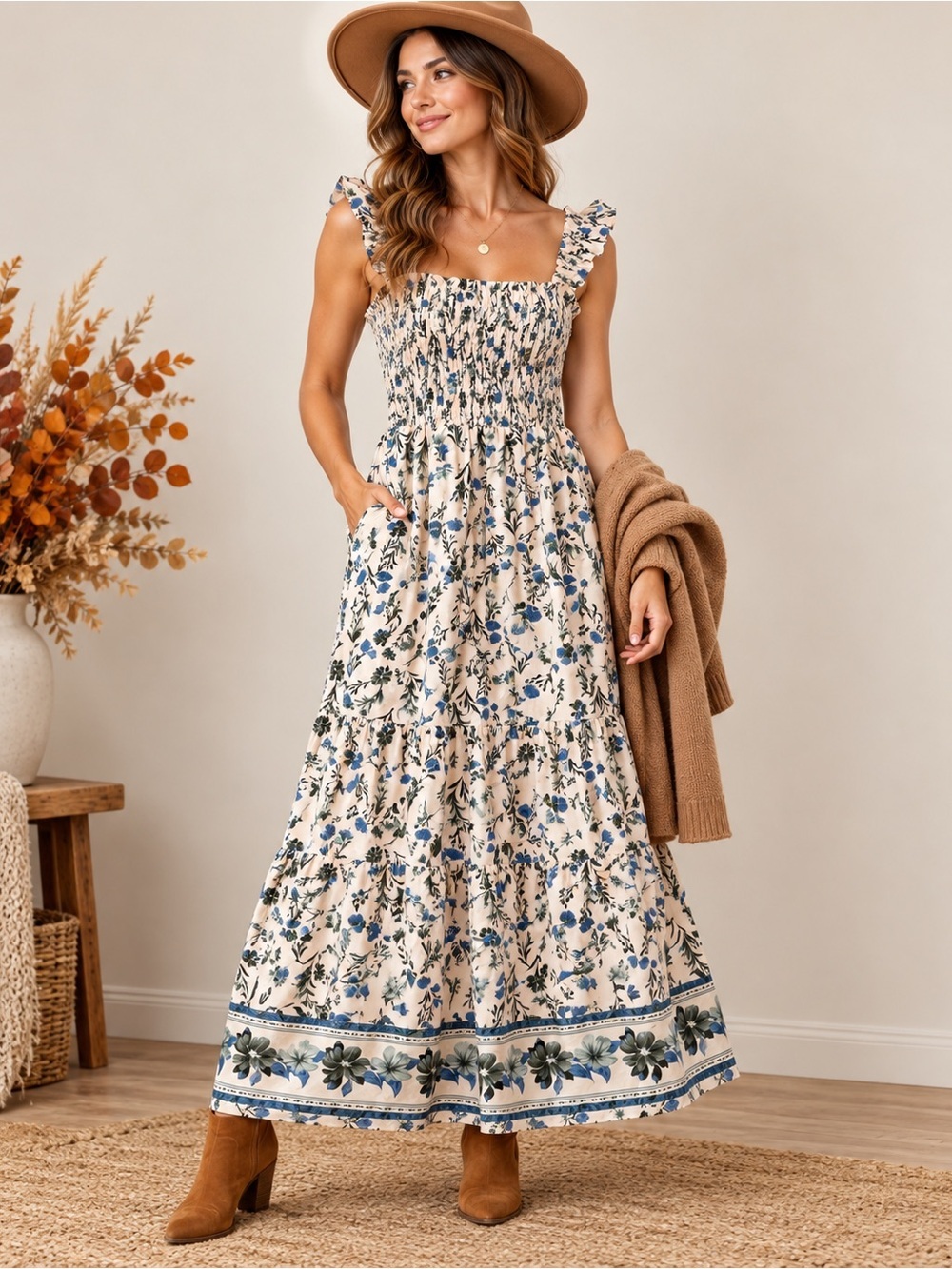 Laura Ashley Blue Floral Smocked Maxi Dress L Cottagecore Boho NWT